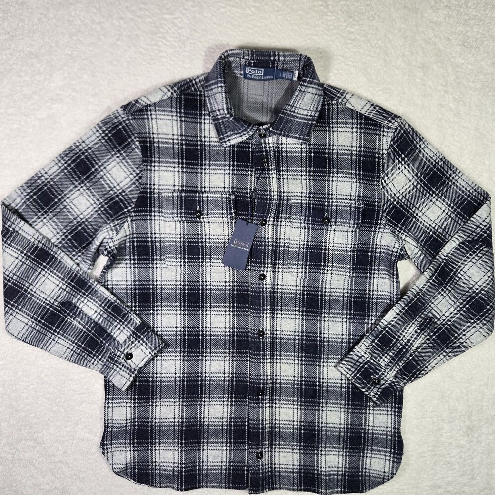 $198 Polo Ralph Lauren Mens Large Work Shirt Button Up Flannel Navy Blue Plaid L